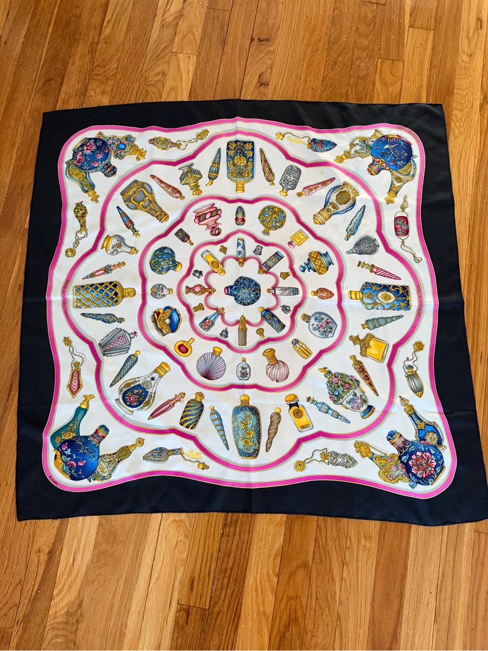 Hermes Silk Scarf in Navy, White, Pink & Gold Perfume Motif